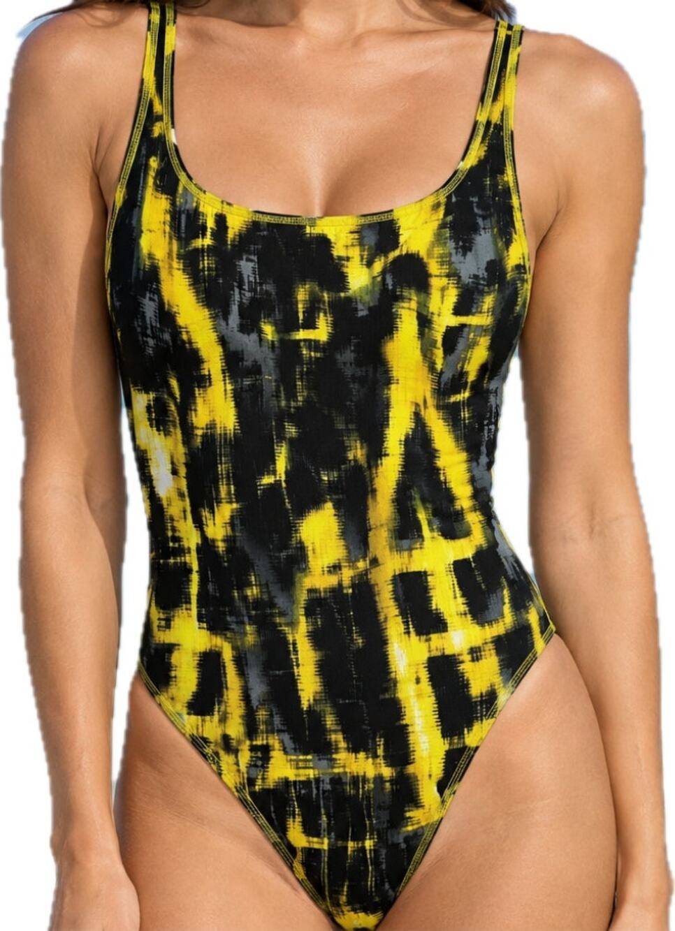 Speedo One-Piece Swimsuit Polyester Keyhole Back Black Yellow 10/36